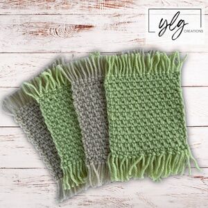 Mug Rugs Coasters Handmade Crochet Green Beige Fringe Vinyl Back Set of 4